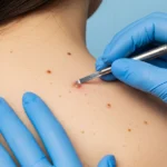 Medical professional performing Skin Lesion Removal in Leesburg, FL on a woman, carefully examining her skin