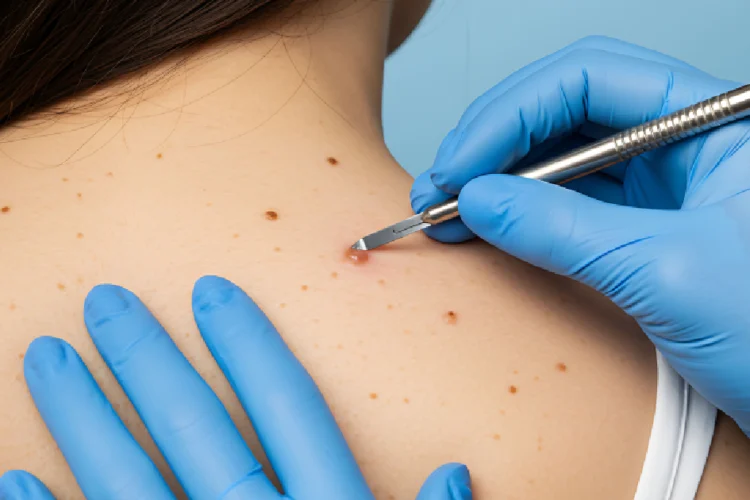 Medical professional performing Skin Lesion Removal in Leesburg, FL on a woman, carefully examining her skin