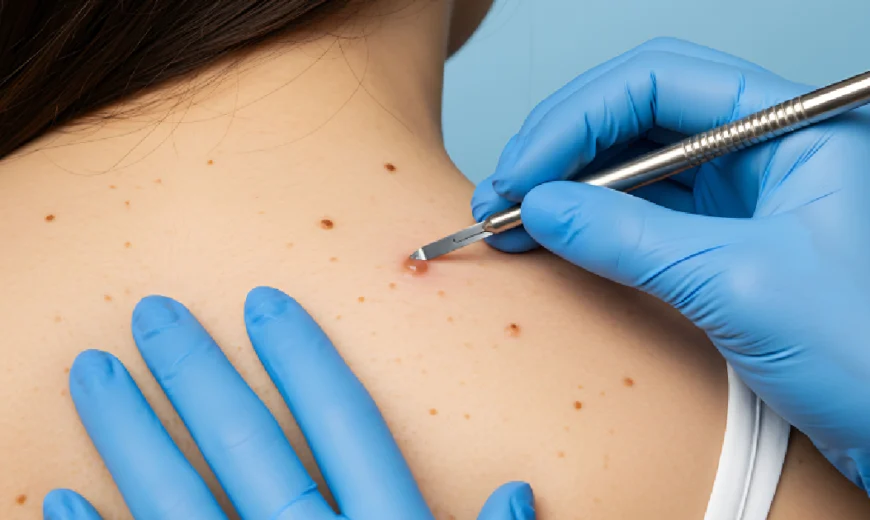 Medical professional performing Skin Lesion Removal in Leesburg, FL on a woman, carefully examining her skin