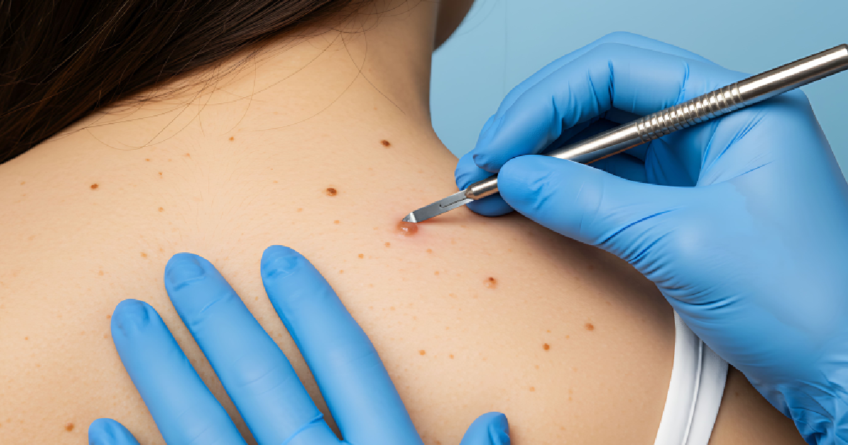 Medical professional performing Skin Lesion Removal in Leesburg, FL on a woman, carefully examining her skin